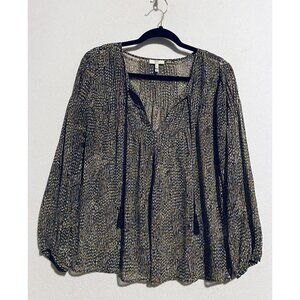 Joie Top Womens Medium Brown Print Sheer Silk Tassel Tie Peasant Flowy Boho